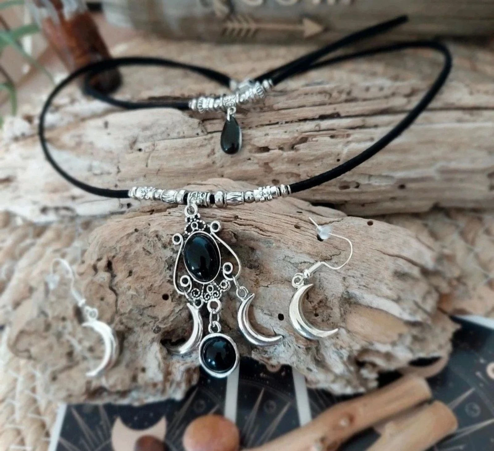 Parure boho mystique doublerangs triple lune obsidiana, preto – photo 7